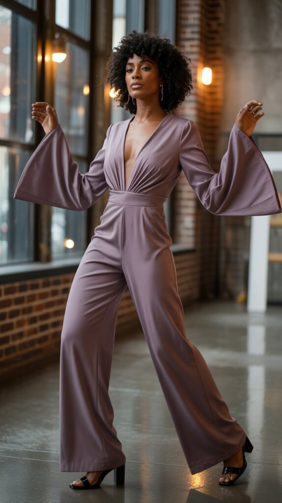 Stylish Black woman wearing a wedding guest jumpsuit in amethyst purple.