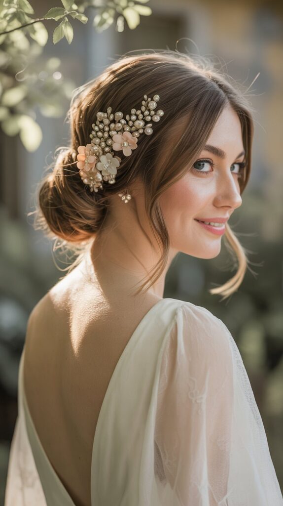 Bride with a low chignon hairstyle adorned with delicate pearl and floral wedding hair pins.