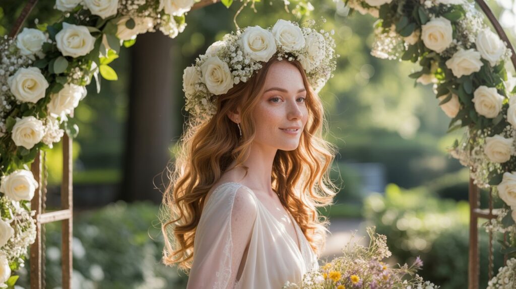 Bride wearing a romantic fresh flower crown with roses and greenery at an outdoor garden wedding.