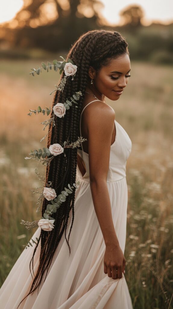 Bride with a long floral braid featuring blush roses and eucalyptus, ideal for wedding hair accessories.