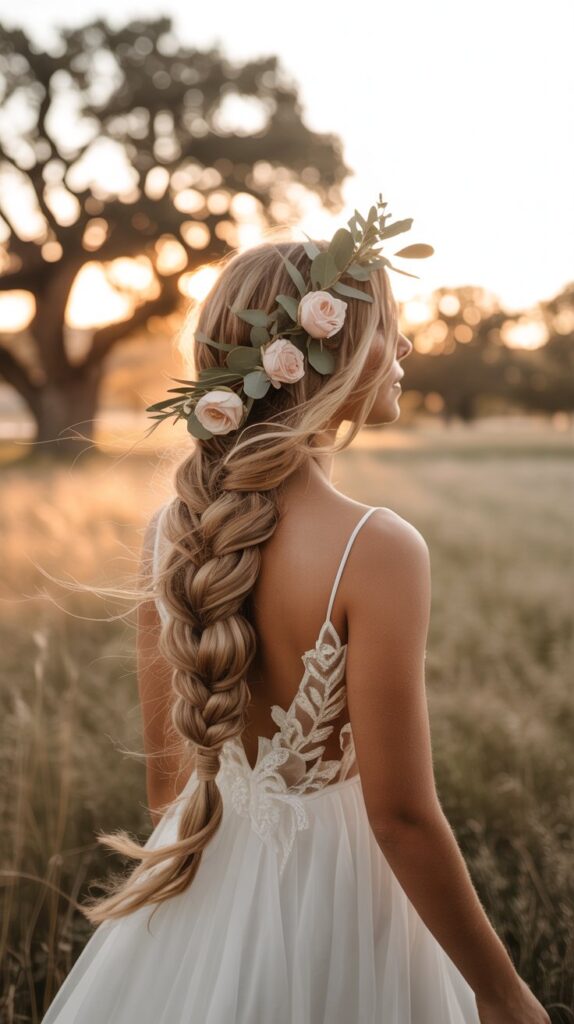 Bride with a long floral braid featuring blush roses and eucalyptus, ideal for wedding hair accessories.
