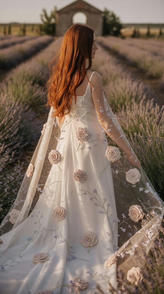 Back view of a bride wearing a veil with floral appliqués for a romantic wedding dress accessory.