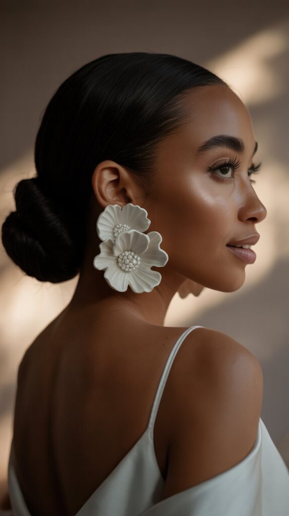 Modern bride wearing oversized floral earrings as bold wedding accessories.
