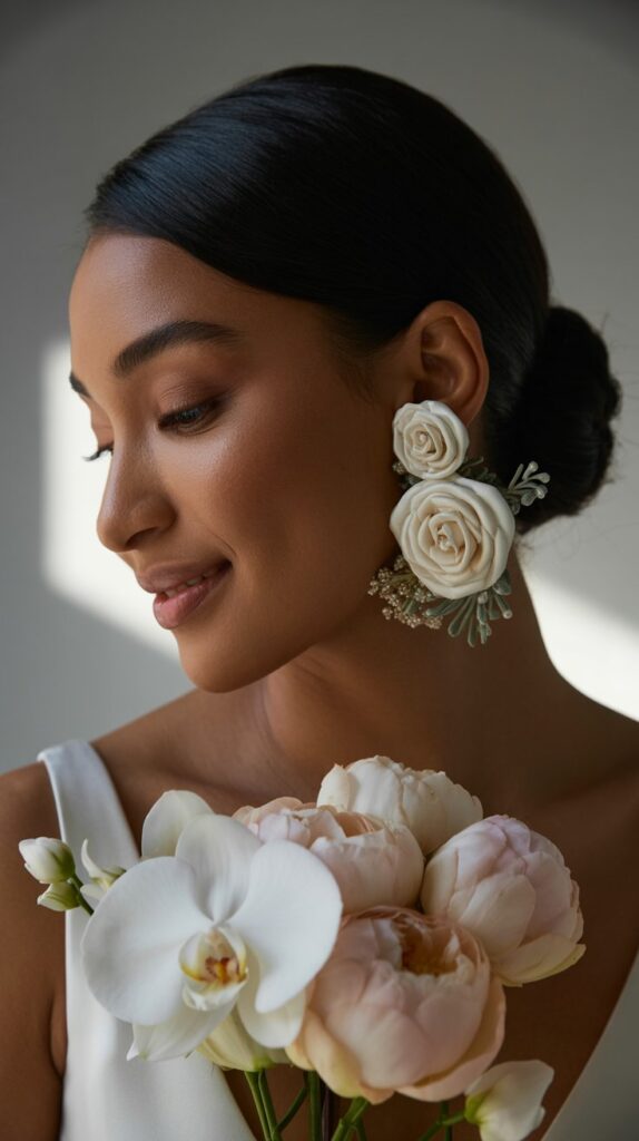 Modern bride wearing oversized floral earrings as bold wedding accessories.
