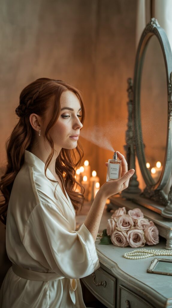 Bride applying floral perfume surrounded by blush-toned blooms and wedding hair accessories.