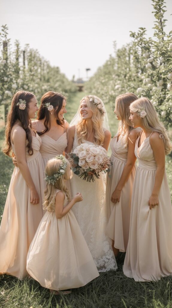 Bridal party with coordinated floral hair accessories, including the bride, flower girl, and bridesmaids.