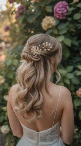 Modern bride with pearl-studded hair clip styled into soft waves, a chic hair accessory for wedding day glam.