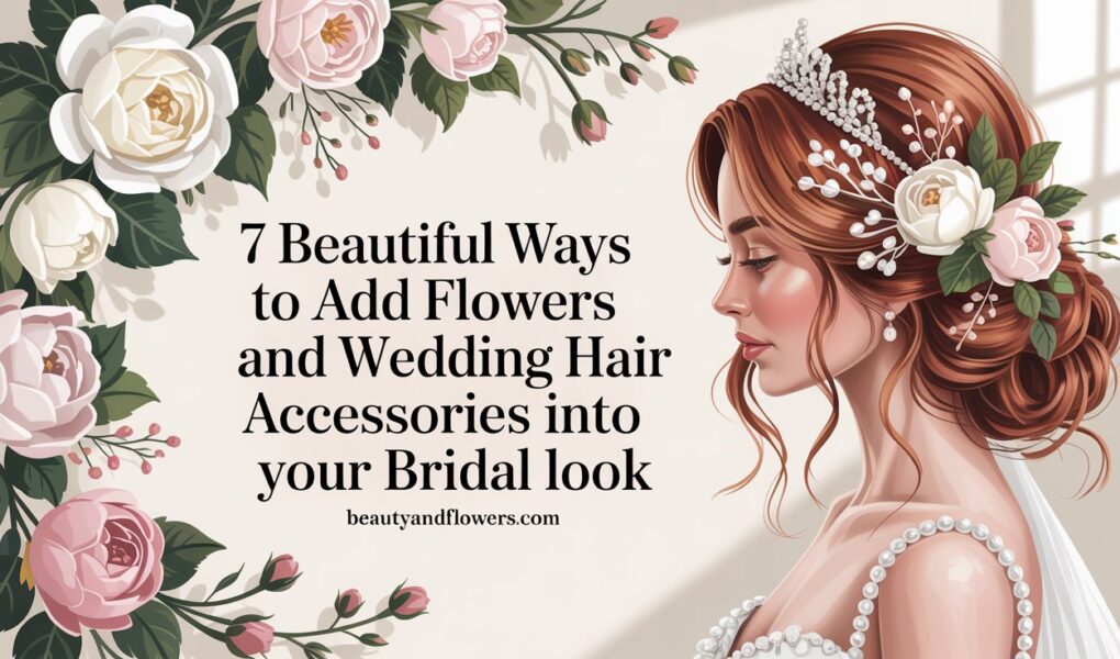 Bridal hair accessories and flowers in a soft, feminine setting, showcasing floral crowns and hairpins.