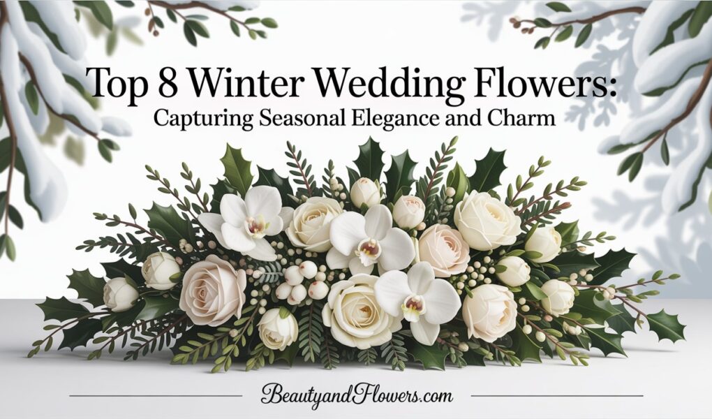 Winter wedding flowers arrangement featuring white roses, holly, and orchids in a soft, feminine-toned setting