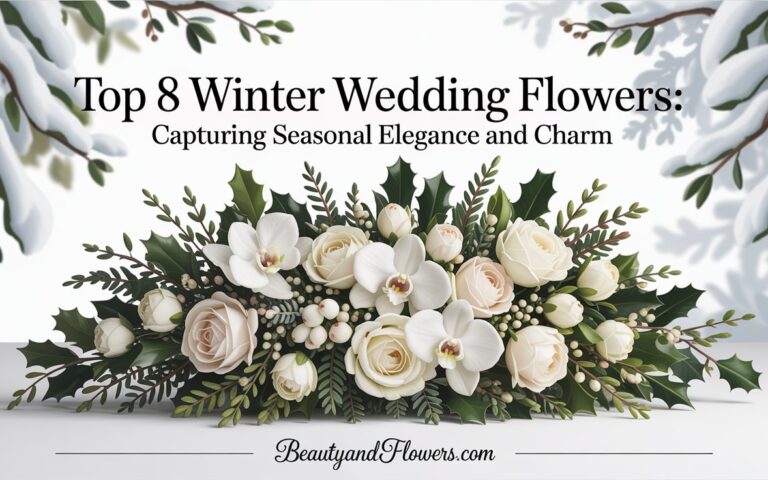 Winter wedding flowers arrangement featuring white roses, holly, and orchids in a soft, feminine-toned setting