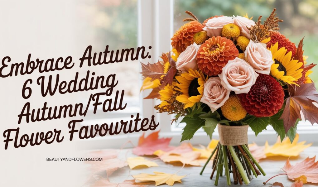 Arrangement of autumn wedding flowers featuring dahlias, roses, and sunflowers in a soft, feminine setting