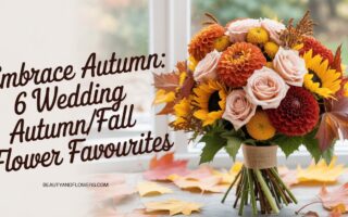 Arrangement of autumn wedding flowers featuring dahlias, roses, and sunflowers in a soft, feminine setting