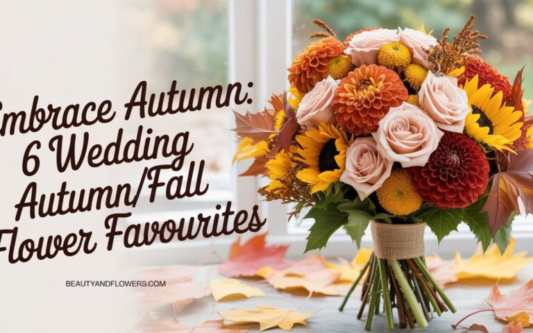 Arrangement of autumn wedding flowers featuring dahlias, roses, and sunflowers in a soft, feminine setting