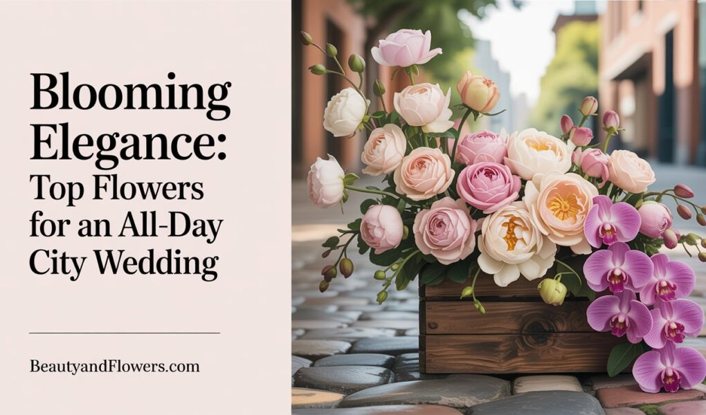 Variety of wedding flowers like roses and orchids suitable for an all-day outdoor city wedding, displayed in a soft, feminine setting.