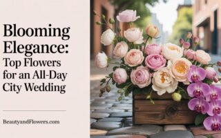 Variety of wedding flowers like roses and orchids suitable for an all-day outdoor city wedding, displayed in a soft, feminine setting.