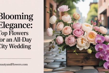 Variety of wedding flowers like roses and orchids suitable for an all-day outdoor city wedding, displayed in a soft, feminine setting.