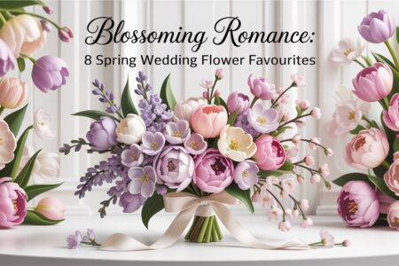 Spring wedding flower arrangement featuring tulips, lilacs, and cherry blossoms in a soft, feminine-toned setting.