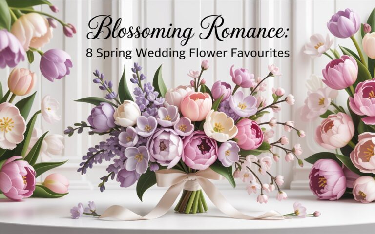 Spring wedding flower arrangement featuring tulips, lilacs, and cherry blossoms in a soft, feminine-toned setting.