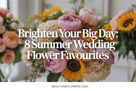 Arrangement of colourful summer wedding flowers including peonies, sunflowers, and hydrangeas in a soft, feminine setting.