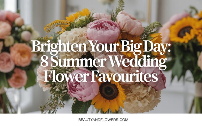 Arrangement of colourful summer wedding flowers including peonies, sunflowers, and hydrangeas in a soft, feminine setting.