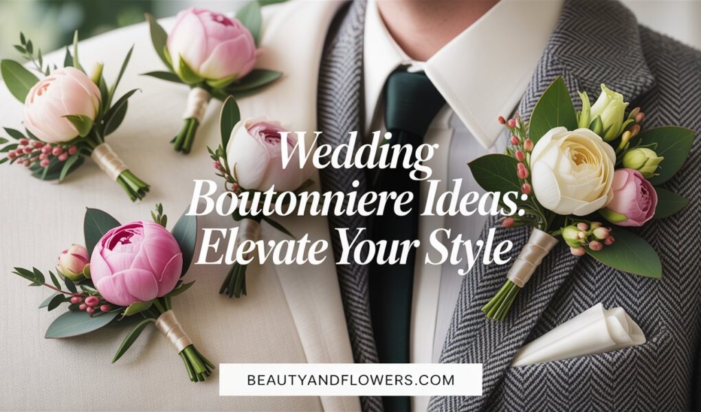 Stylish lapel adorned with a classic boutonniere in soft, feminine tones with floral and fashion elements