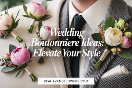 Stylish lapel adorned with a classic boutonniere in soft, feminine tones with floral and fashion elements