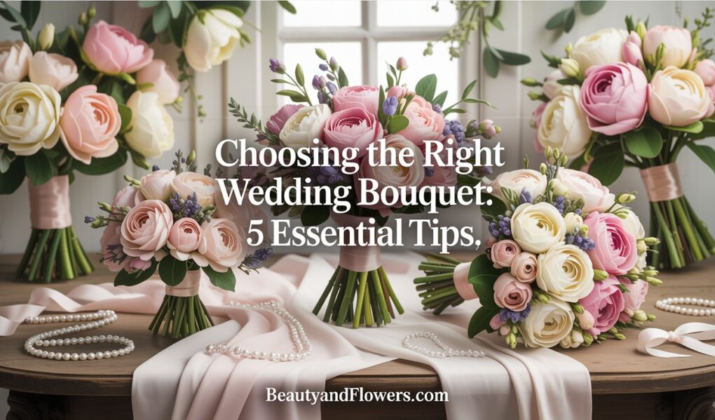 Elegant wedding bouquet set against a soft, feminine background, representing tips for choosing the right size