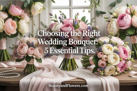 Elegant wedding bouquet set against a soft, feminine background, representing tips for choosing the right size