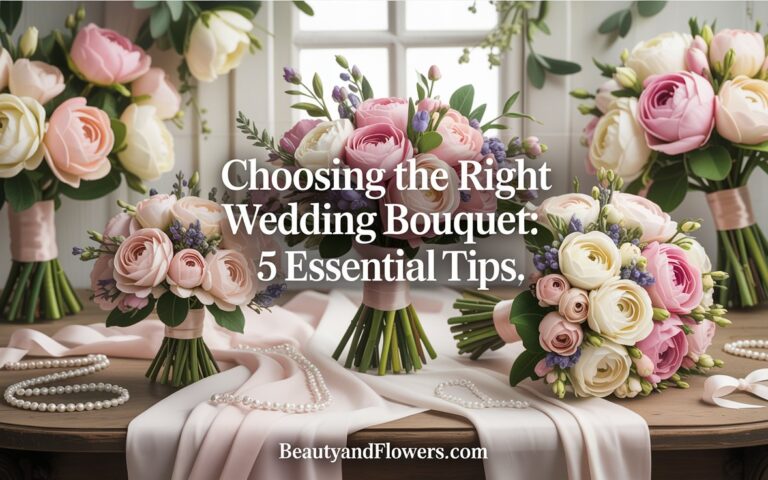 Elegant wedding bouquet set against a soft, feminine background, representing tips for choosing the right size