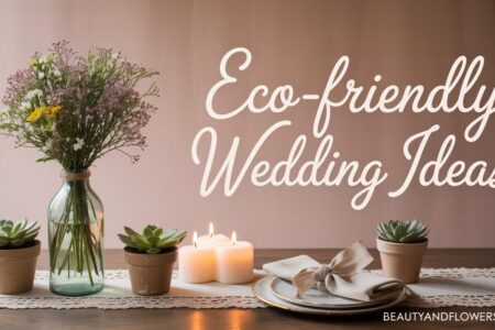A serene, softly lit tablescape featuring eco-friendly wedding elements — a recycled-paper invitation, a wildflower bouquet, potted plants, and a vintage lace table runner against a pastel-colored background. With subtle elements like cloth napkins and soy-based candles to emphasize sustainability.