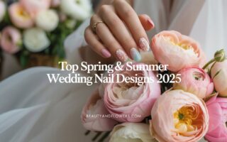 A soft-toned and feminine image of a well-manicured hand gently holding a bouquet of pastel flowers. The nails showcase a variety of spring and summer wedding designs, including soft pastel ombré nails, French tips with floral detail, and sheer pink nails with pearl accents.