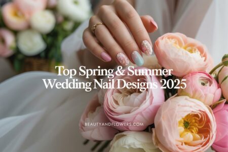 A soft-toned and feminine image of a well-manicured hand gently holding a bouquet of pastel flowers. The nails showcase a variety of spring and summer wedding designs, including soft pastel ombré nails, French tips with floral detail, and sheer pink nails with pearl accents.