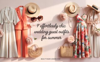 Chic summer wedding guest outfits, including dresses and accessories, in a soft, feminine setting