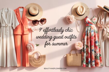 Chic summer wedding guest outfits, including dresses and accessories, in a soft, feminine setting
