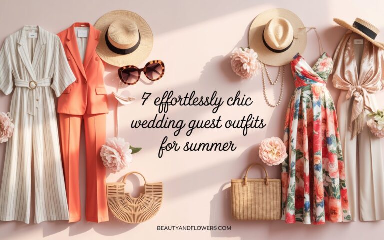 Chic summer wedding guest outfits, including dresses and accessories, in a soft, feminine setting