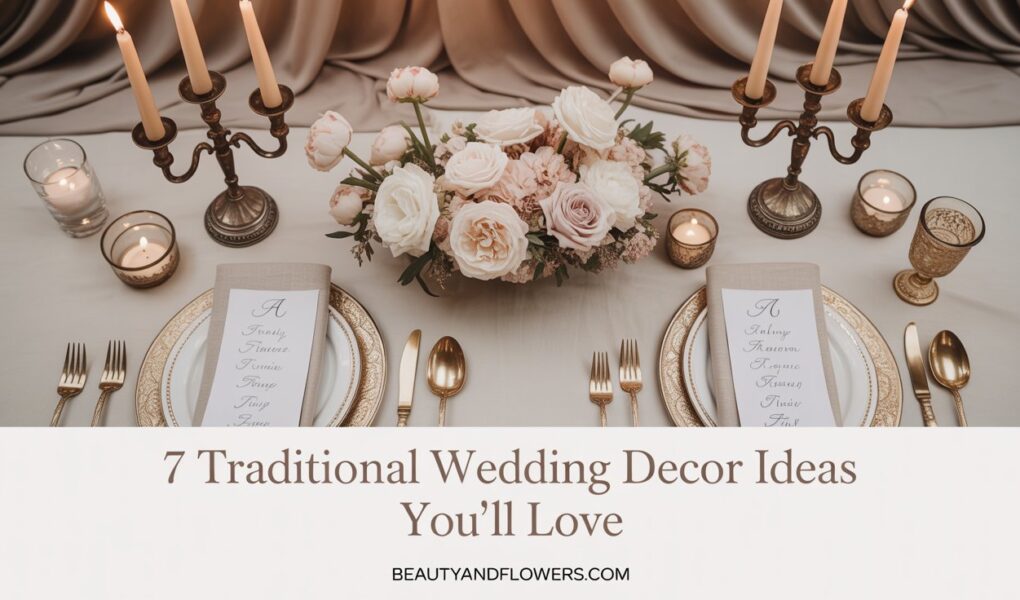 Flat lay of traditional wedding decor elements including floral arrangements, monogrammed napkins, candles, and calligraphy stationery with text overlay “Traditional Wedding Decor Ideas You’ll Love"