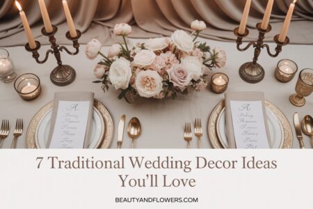 Flat lay of traditional wedding decor elements including floral arrangements, monogrammed napkins, candles, and calligraphy stationery with text overlay “Traditional Wedding Decor Ideas You’ll Love"