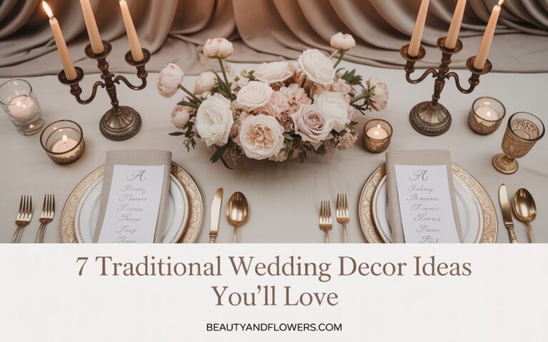 Flat lay of traditional wedding decor elements including floral arrangements, monogrammed napkins, candles, and calligraphy stationery with text overlay “Traditional Wedding Decor Ideas You’ll Love"