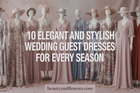 softly lit image showcasing a stylish, feminine display of wedding guest dresses suitable for all seasons. Each dress is thoughtfully presented with complementing seasonal accessories, such as hats, scarves, and shoes. The text overlay in bold Pinterest style reads, "10 Elegant and Stylish Wedding Guest Dresses for Every Season