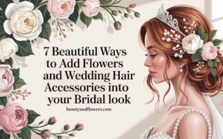 Bridal hair accessories and flowers in a soft, feminine setting, showcasing floral crowns and hairpins.