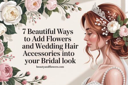 Bridal hair accessories and flowers in a soft, feminine setting, showcasing floral crowns and hairpins.