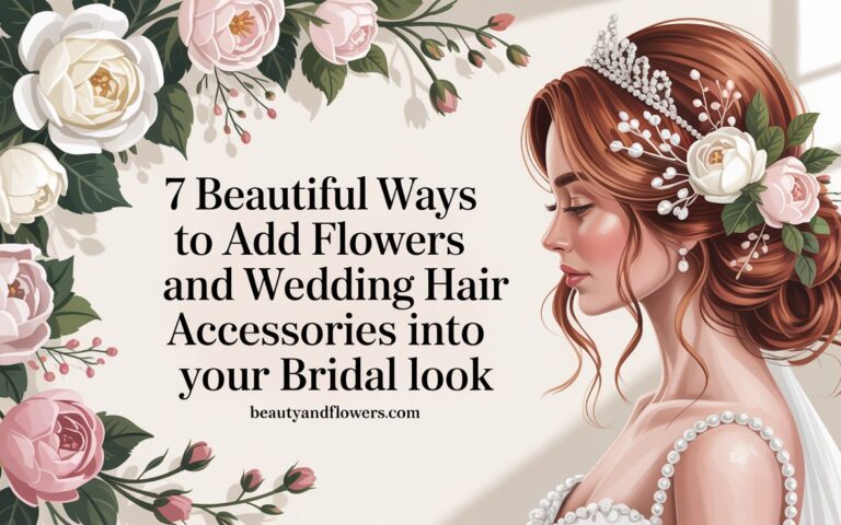 Bridal hair accessories and flowers in a soft, feminine setting, showcasing floral crowns and hairpins.