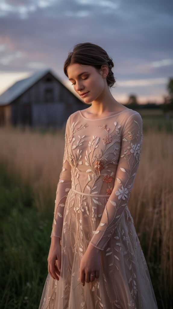Bride in nude mesh gown with warm floral embroidery standing under twilight sky in rustic setting.