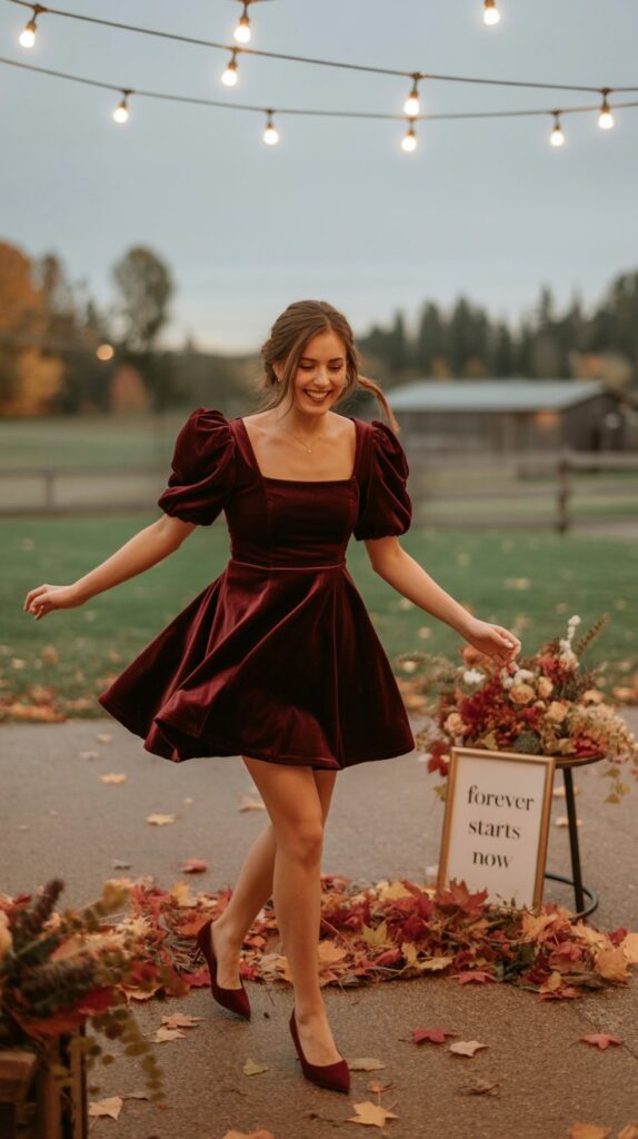 Bride in burgundy velvet mini dress with puff sleeves, square neckline, and pointed heels, dancing under string lights with autumn leaves around.