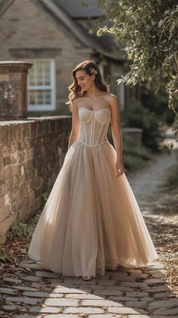 Bride in strapless corset top and full champagne tulle skirt twirling on cobblestone path with vintage hair clip.