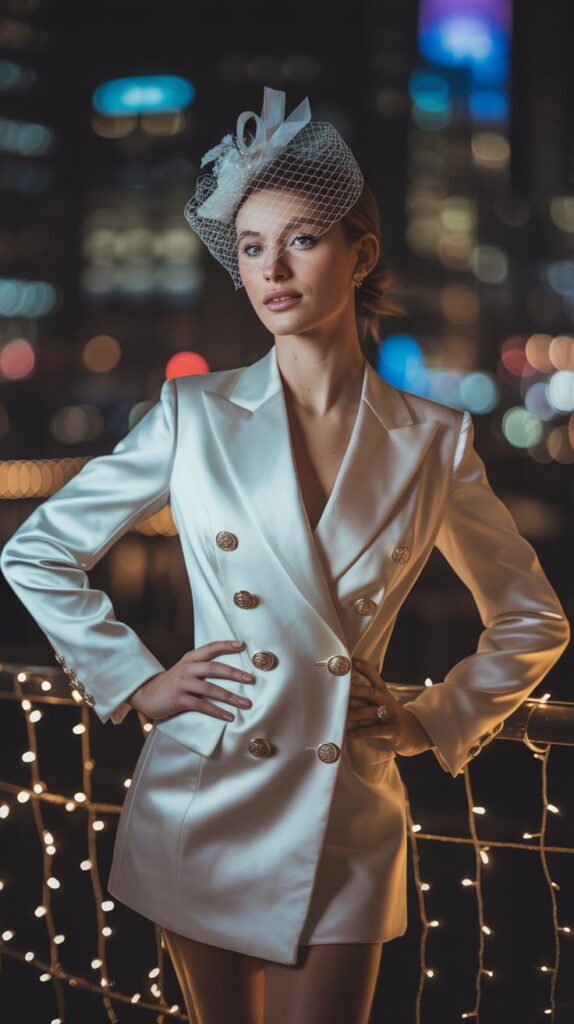Bride in white satin blazer dress with gold buttons, birdcage veil, and sculptural heels posing in city lights.