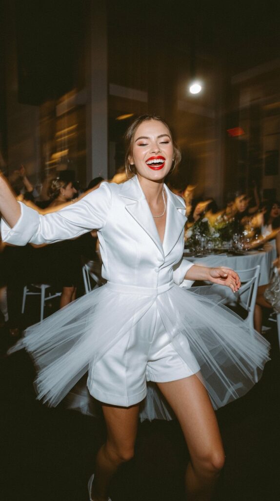 Bride in white structured romper with detachable tulle skirt and bold lipstick, dancing at the reception.