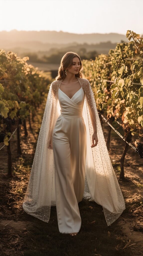 Bride in ivory satin jumpsuit with wide legs and a pearl-dotted sheer cape walking through a vineyard at golden hour.
