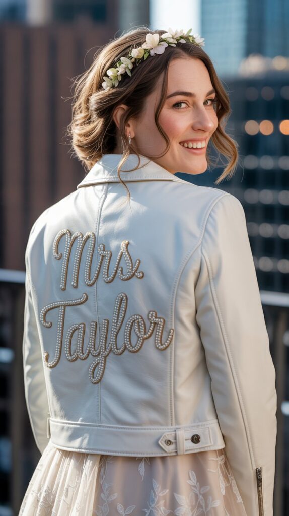 Bride wearing a white bridal jacket with custom script on the back.