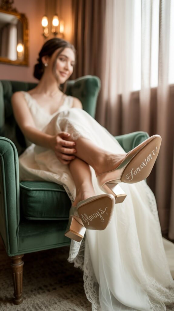 Bride wearing velvet wedding heels with custom embroidery and text on the soles.